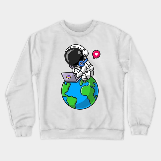 Cute Astronaut Working With Laptop On Earth Cartoon Crewneck Sweatshirt by Catalyst Labs